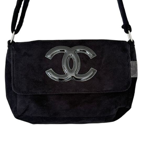 Chanel Black Terry Cloth Shoulder Bag Crossbody with Patent CC Logo - Picture 1 of 7